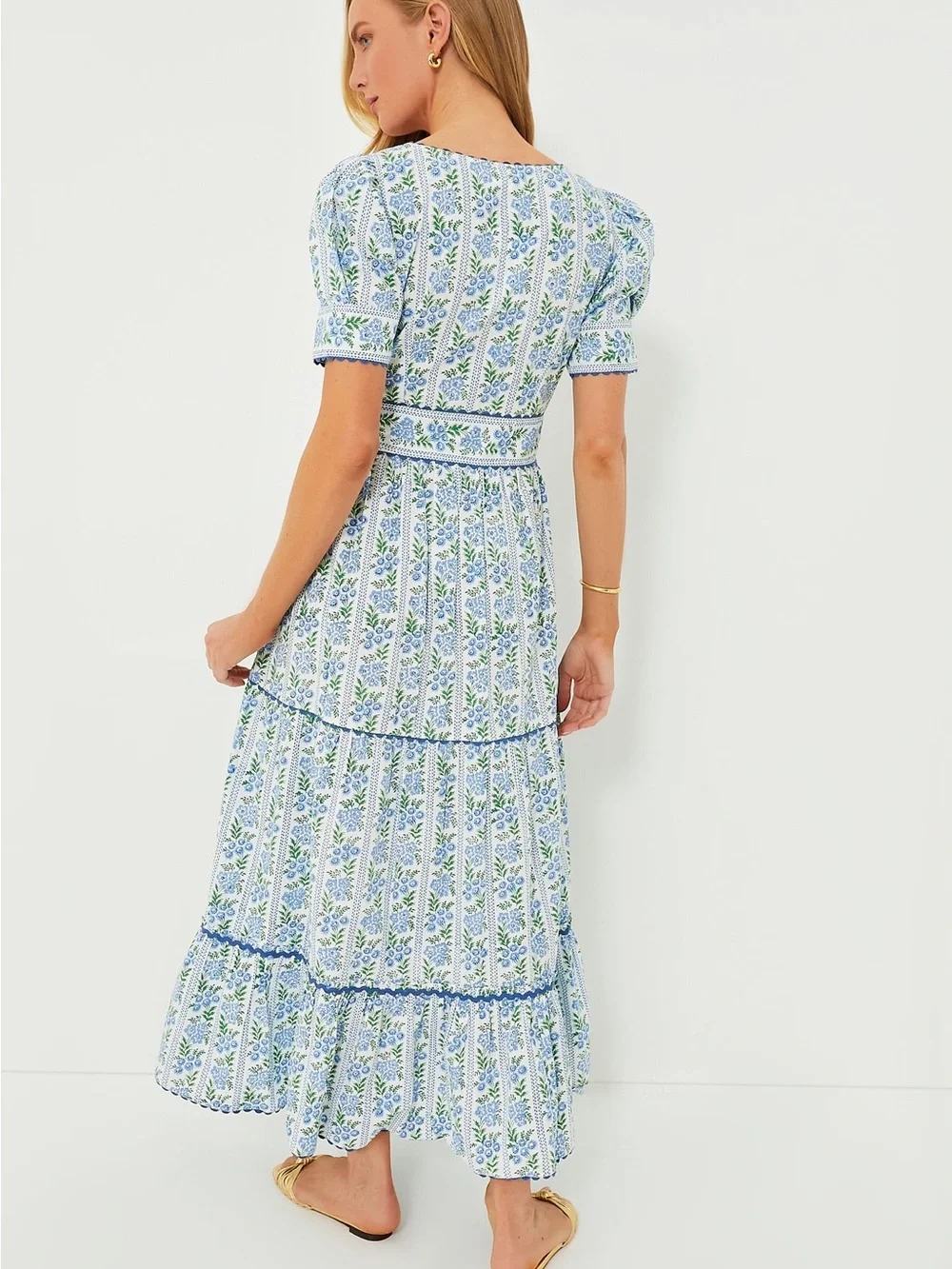 Pink City Prints Cotswolds Border Evelyn Dress Blue Floral Large - Picture 2 of 8
